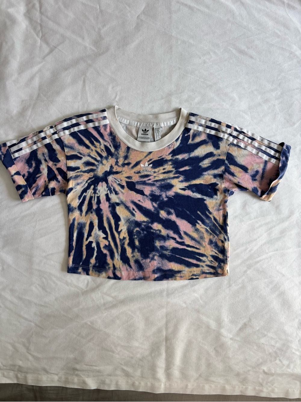 Adidas Originals Womens XS Tie Dye Cropped T Shirt Trefoil 3 Stripe Pink Navy